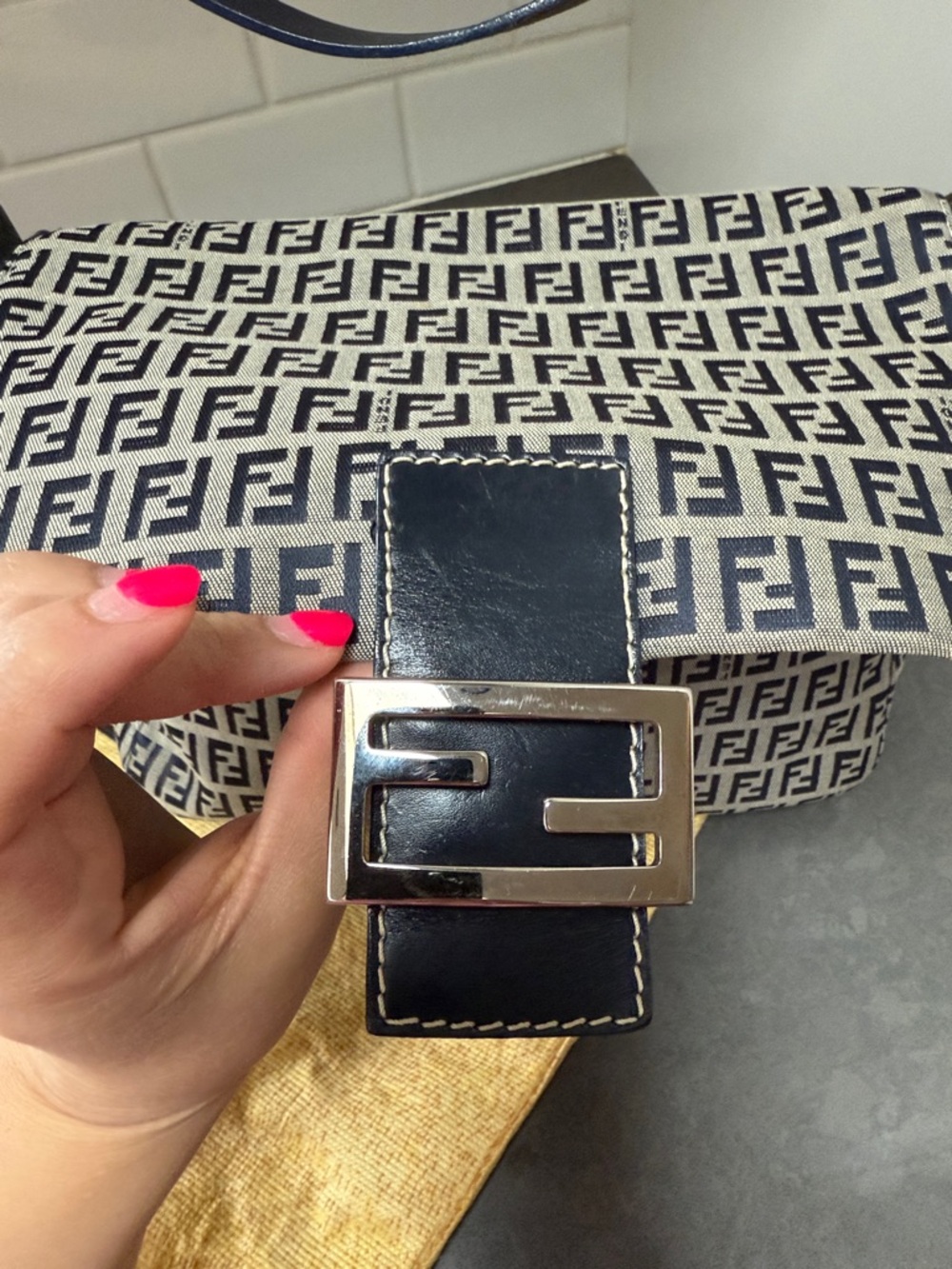 Fendi Zucca Mama Baguette Navy Blue Silver Hardware - Picture 8 of 12